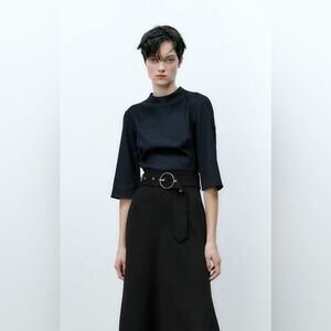 NWT Zara Navy Blue Fitted Top Elbow-Length Sleeves Back Opening Sz S